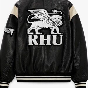 RHU Black and White Varsity Bomber Leather Jacket with Graphic Design